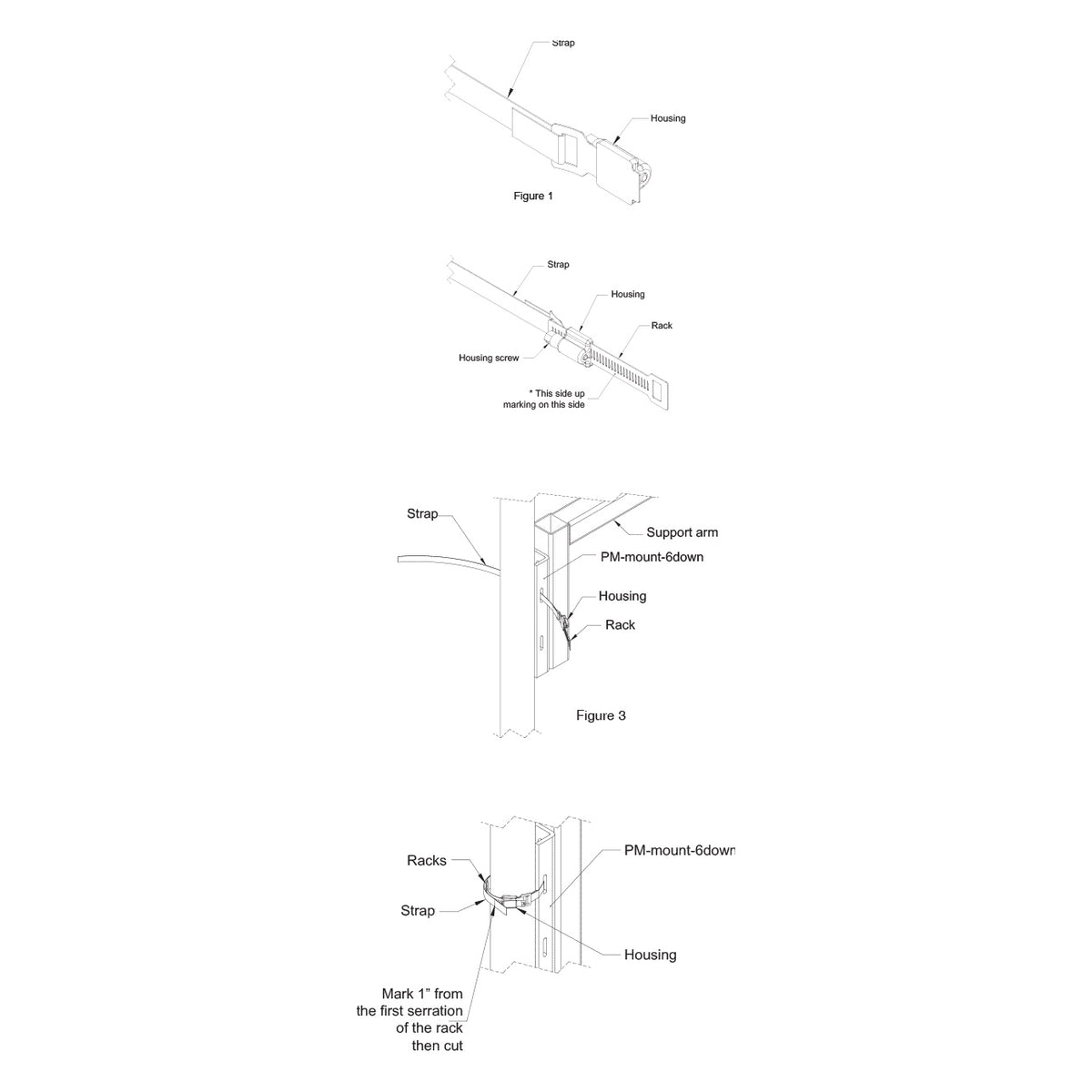 PM-BAND-20S PoleStar SS band kit installation drawings showing strap, housing, serrated rack and PM-mount-6down bracket on a pole with cut-mark instruction, Adaptive Technologies