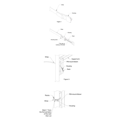 PM-BAND-20S PoleStar SS band kit installation drawings showing strap, housing, serrated rack and PM-mount-6down bracket on a pole with cut-mark instruction, Adaptive Technologies