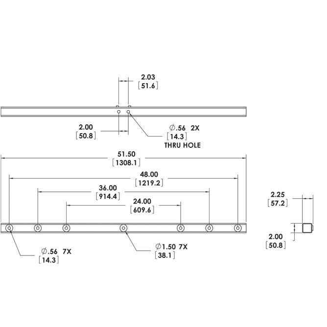PM-DA-48 PoleStar 48in dual adapter dimensional drawing showing 51.50in overall length, 48.00in hole spacing and seven 0.56in mounting holes, Adaptive Technologies