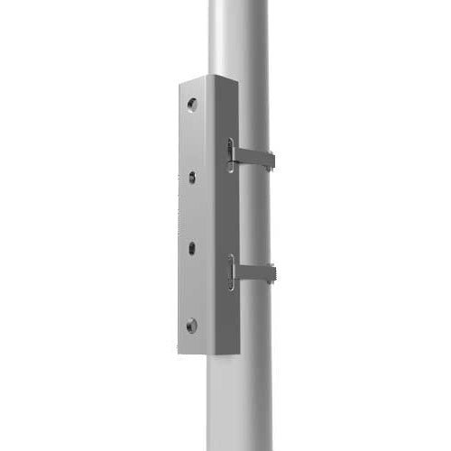 PM-MOUNT-6DOWN PoleStar pole adapter angled view clamped to a vertical pole with two strap brackets through side slots and four mounting holes, Adaptive Technologies