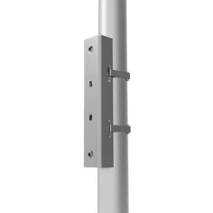 PM-MOUNT-6DOWN PoleStar pole adapter angled view clamped to a vertical pole with two strap brackets through side slots and four mounting holes, Adaptive Technologies