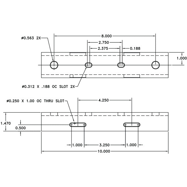 PM-MOUNT-6DOWN PoleStar technical drawing with dimensions showing 10 inch length, 8 inch hole spacing, and through slots for pole mounting, Adaptive Technologies