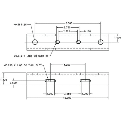 PM-MOUNT-6DOWN PoleStar technical drawing with dimensions showing 10 inch length, 8 inch hole spacing, and through slots for pole mounting, Adaptive Technologies