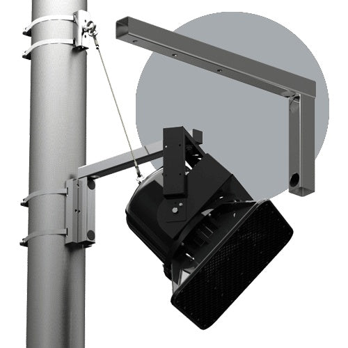 PM-SA-24 PoleStar support arm in use, angled view with an L-shaped bracket and a black loudspeaker hung from a pole-mounted arm secured by steel bands and a safety cable, Adaptive Technologies