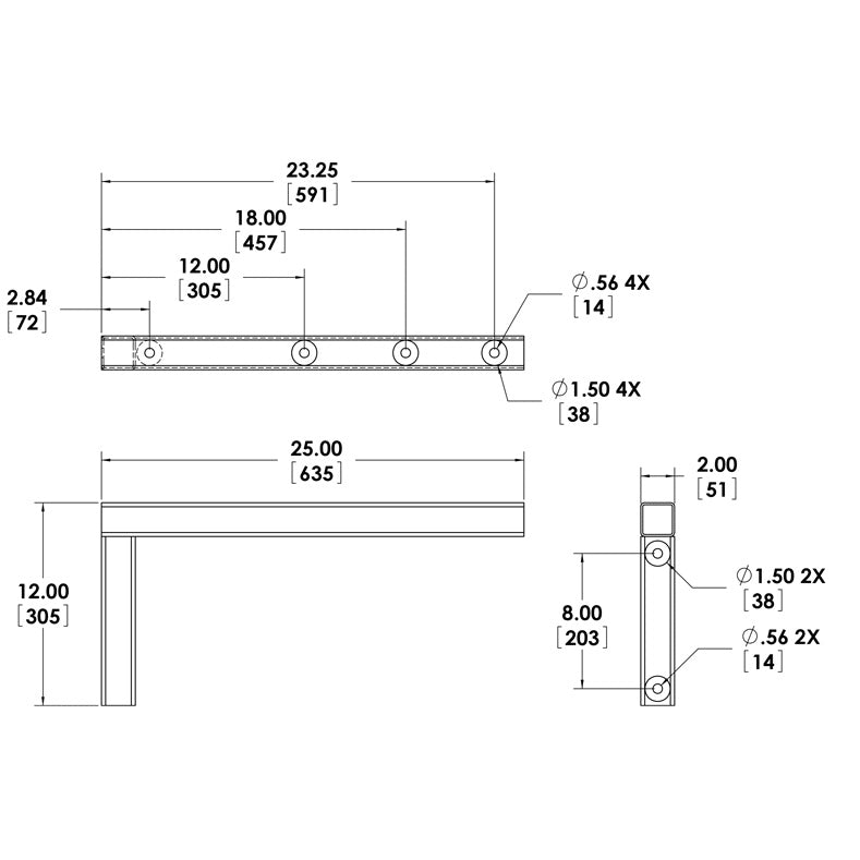 PM-SA-24 PoleStar support arm technical drawing showing top, side and end views with 25.00 in length, 12.00 in drop and 0.56 in mounting hole dimensions, Adaptive Technologies