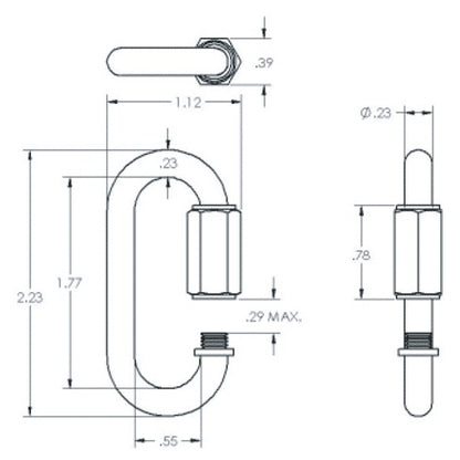 QL-025 1/4 inch quick link dimensional drawing showing top, front and side views with 2.23 overall length, 1.12 width and .78 threaded barrel nut dimensions, Adaptive Technologies