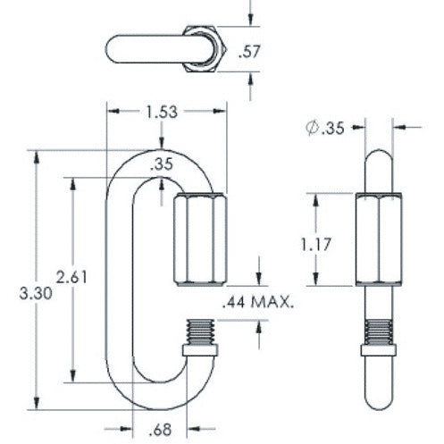 QL-375-S 3/8in quick-link technical dimension drawing showing top, front and side views with 3.30 overall length, 1.53 width and 1.17 threaded sleeve dimensions, Adaptive Technologies