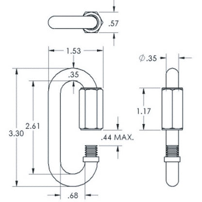 QL-375-S 3/8in quick-link technical dimension drawing showing top, front and side views with 3.30 overall length, 1.53 width and 1.17 threaded sleeve dimensions, Adaptive Technologies