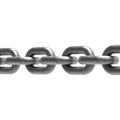 RC-0024 24in G100 rigging chain close-up showing interlocking welded steel links with a gray galvanized finish, Adaptive Technologies