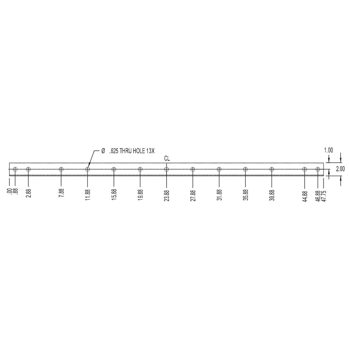 SAS-048-RB GridLink rigging beam 48in technical drawing showing 13 through holes of 0.625in diameter with hole spacing dimensions along the centerline, Adaptive Technologies
