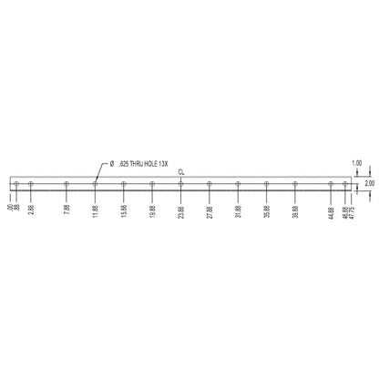 SAS-048-RB GridLink rigging beam 48in technical drawing showing 13 through holes of 0.625in diameter with hole spacing dimensions along the centerline, Adaptive Technologies