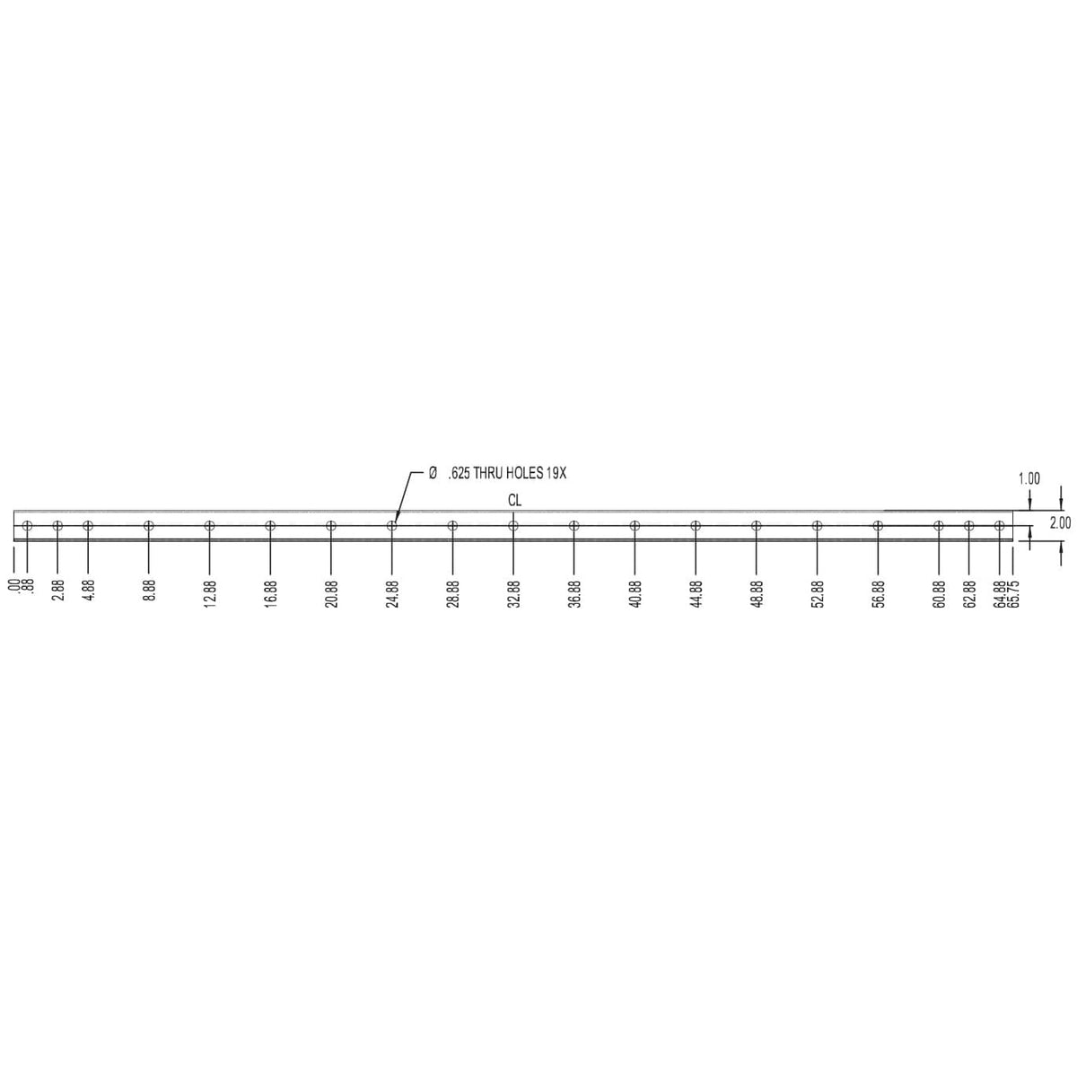 SAS-066-RB GridLink 66in rigging beam dimensional drawing showing 19 through holes of 0.625in diameter along the centerline with 2in beam height, Adaptive Technologies