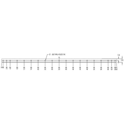 SAS-066-RB GridLink 66in rigging beam dimensional drawing showing 19 through holes of 0.625in diameter along the centerline with 2in beam height, Adaptive Technologies