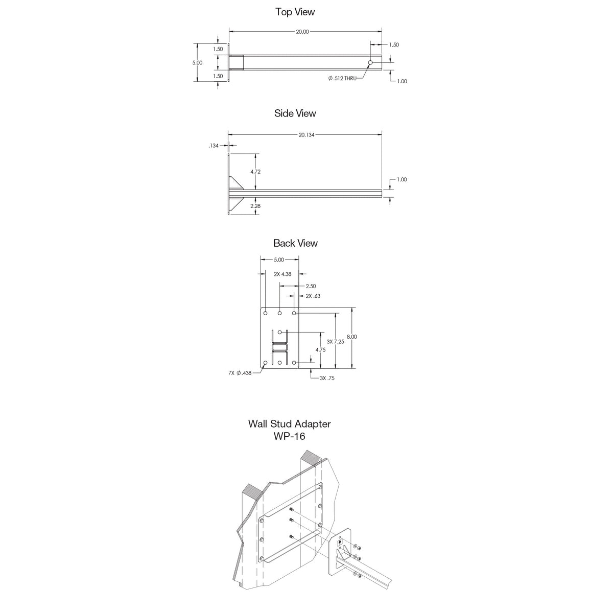 SAS-100-20 20in wall mount arm dimensional drawing showing top, side and back views with 20.00in length, 5.00in wide mounting plate and 7x 0.436in holes, plus WP-16 wall stud adapter installation diagram, Adaptive Technologies