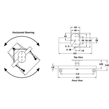 SAS-100-CM steerable ceiling mount block dimensional drawing showing horizontal steering range, top view and front view with 19.75 in bar length and 17.25 in eyebolt spacing, Adaptive Technologies