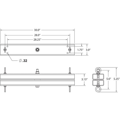 SAS-1WA-30 One Way Array dimensioned drawing showing top, front and end views with 30.0 in length, 3.0 in width, 5.25 in height and 0.32 in mounting holes, Adaptive Technologies