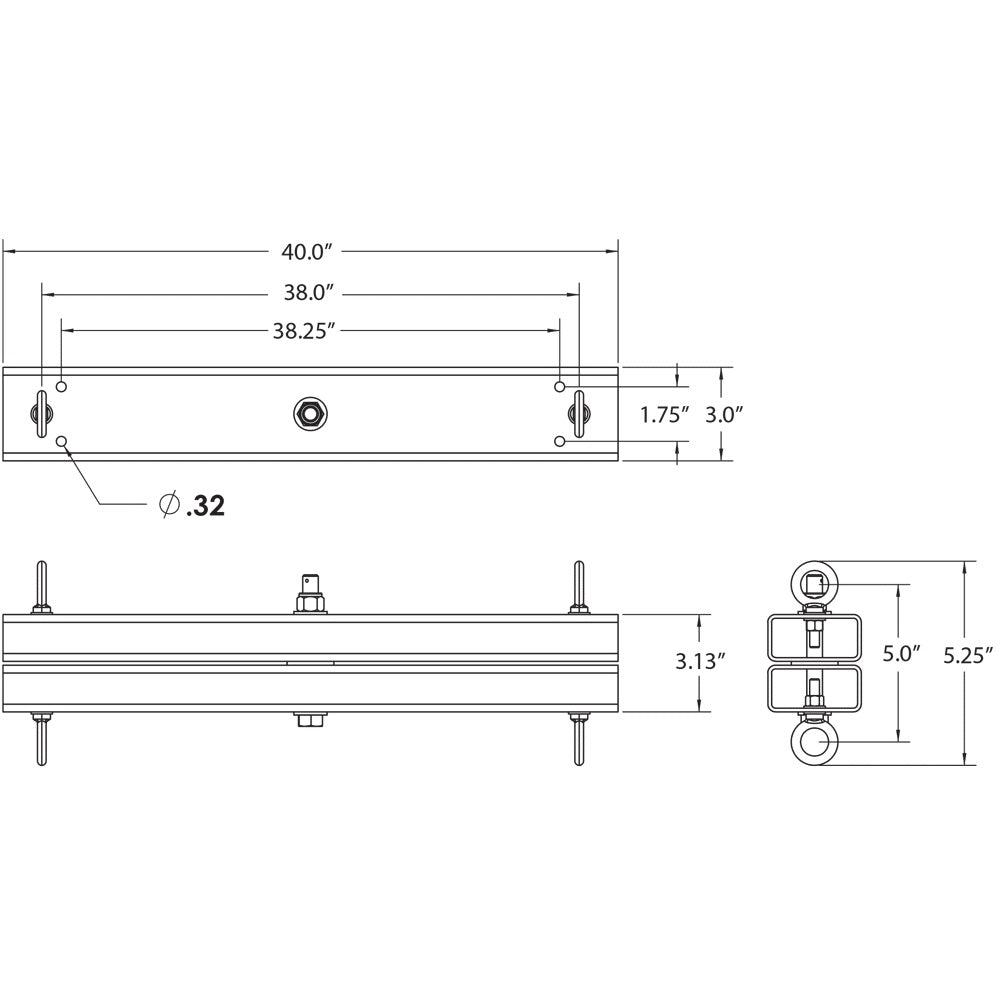 SAS-1WA-40 one way array dimensional drawing with top, front and end views showing 40.0 in length, 38.0 in and 38.25 in hole spacing and 5.25 in overall height, Adaptive Technologies