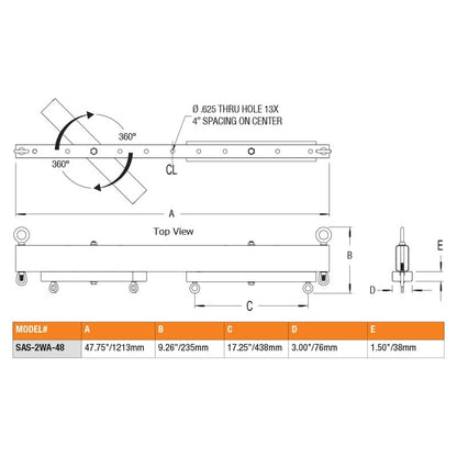 SAS-2WA-48 two-way array dimensional drawing with top view, 360 degree rotation arrows, 13 thru holes at 4in spacing and dimension table listing 47.75in length, Adaptive Technologies