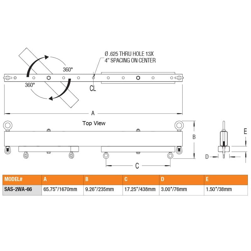 SAS-2WA-66 two-way array dimensional drawing with top view, side view and 360 degree rotation arrows, plus a table listing 65.75 in length and 13 thru holes at 4 in spacing, Adaptive Technologies