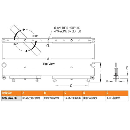 SAS-2WA-66 two-way array dimensional drawing with top view, side view and 360 degree rotation arrows, plus a table listing 65.75 in length and 13 thru holes at 4 in spacing, Adaptive Technologies