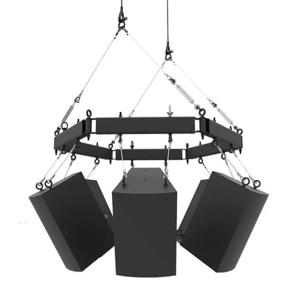 SAS-GLT-B GridLink inTin connector rigging system in use, octagonal black beam ring suspended from steel cables and turnbuckles with three black loudspeaker cabinets hung below on eyebolts, Adaptive Technologies