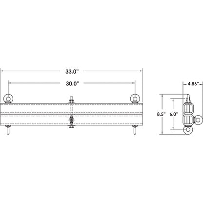 SB-30 SwivelBeam 30in dimensional drawing with front and side views showing 33.0 in overall width, 30.0 in eyebolt spacing and 8.5 in height, Adaptive Technologies