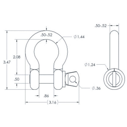 SK-025-S 1/4in shackle dimensional drawing, front and side views with 3.47 height, 3.16 width and 0.36 pin eye diameter, Adaptive Technologies