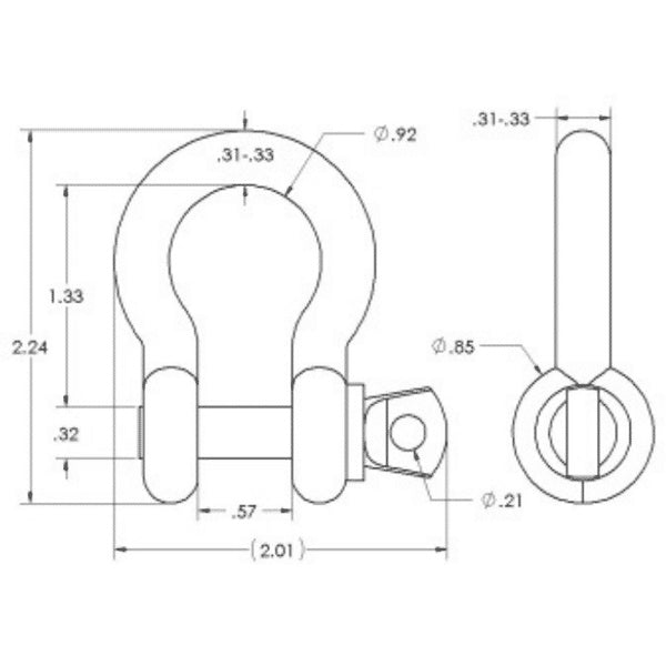 SK-315 5/16in shackle dimensional drawing with front and side views showing 2.24 height, 2.01 width, 0.92 bow diameter and 0.57 pin spacing, Adaptive Technologies