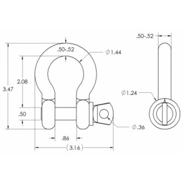 SK-500 1/2in shackle dimensional drawing with front and side views showing 3.47 overall height, 3.16 width, 2.08 inside length and 0.36 pin head hole, Adaptive Technologies