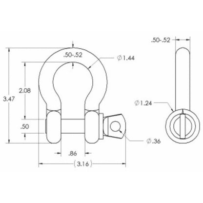 SK-500-S 1/2in screw pin shackle dimensional drawing showing front and side views with 3.47 height, 3.16 width and 0.36 pin eye measurements, Adaptive Technologies