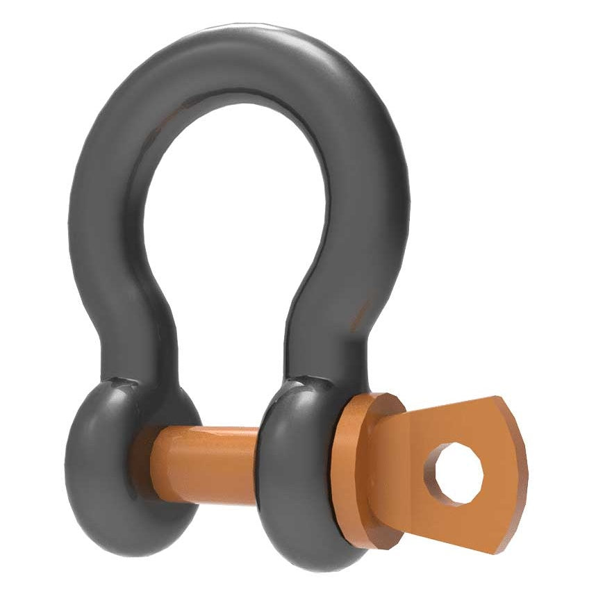 SK-625 5/8in anchor shackle three-quarter view with black bow body and orange screw pin with flat eyed head, Adaptive Technologies