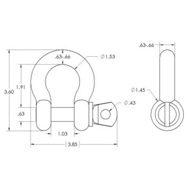 SK-625-S 5/8in screw pin anchor shackle dimensional drawing with front and side views showing 3.60 height, 3.85 width and 1.03 jaw opening, Adaptive Technologies