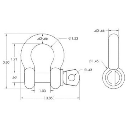 SK-625-S 5/8in screw pin anchor shackle dimensional drawing with front and side views showing 3.60 height, 3.85 width and 1.03 jaw opening, Adaptive Technologies