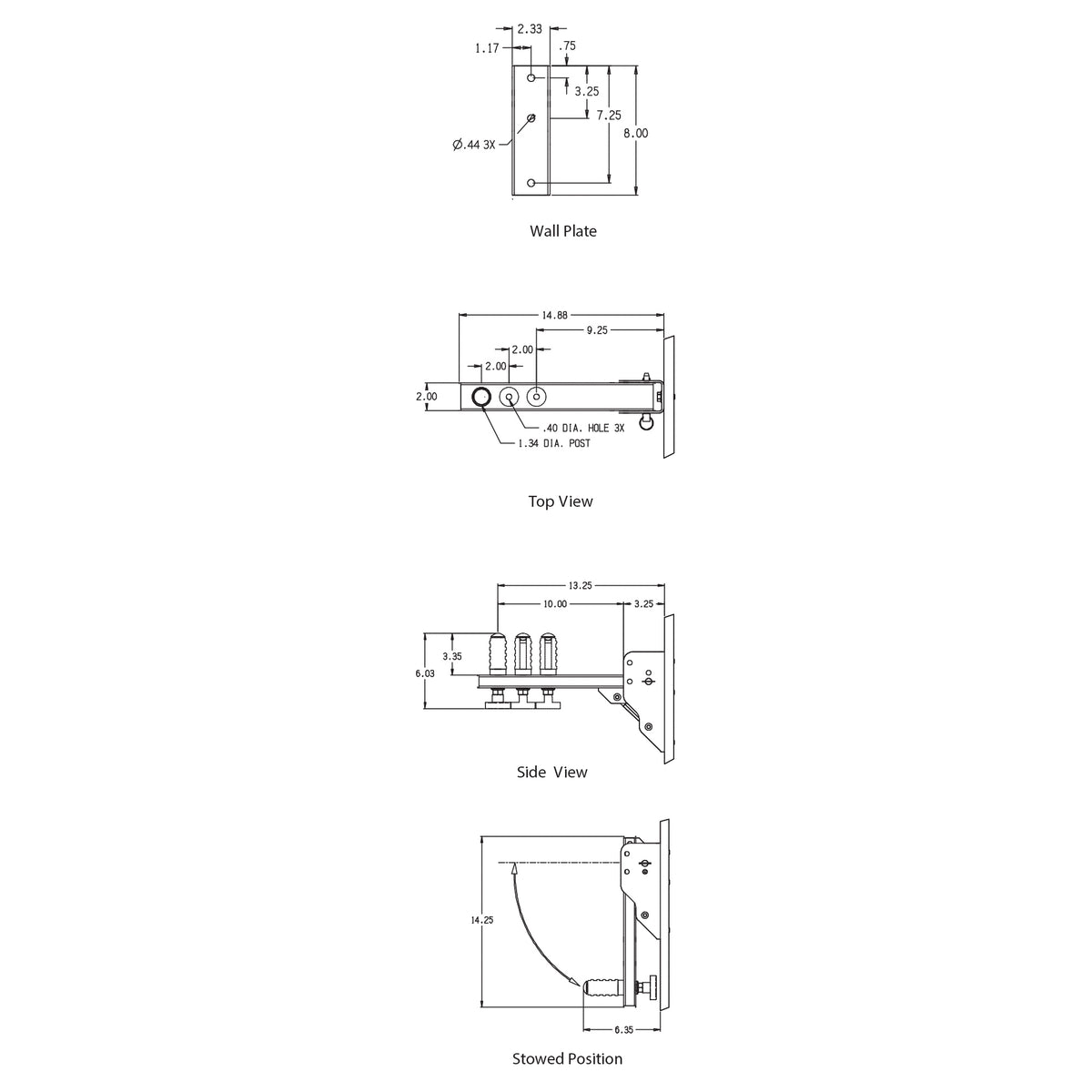 SM-075-ASB socket mount technical dimension drawing showing wall plate, top view, side view and stowed position with 14.88 in arm length and three 0.40 in holes, Adaptive Technologies