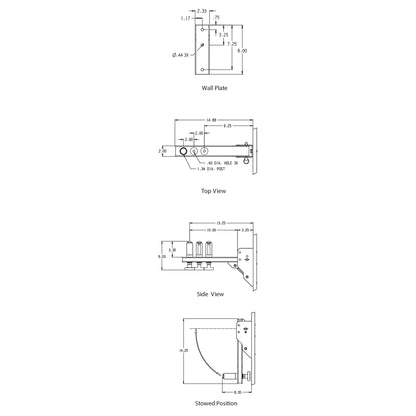 SM-075-ASB socket mount technical dimension drawing showing wall plate, top view, side view and stowed position with 14.88 in arm length and three 0.40 in holes, Adaptive Technologies