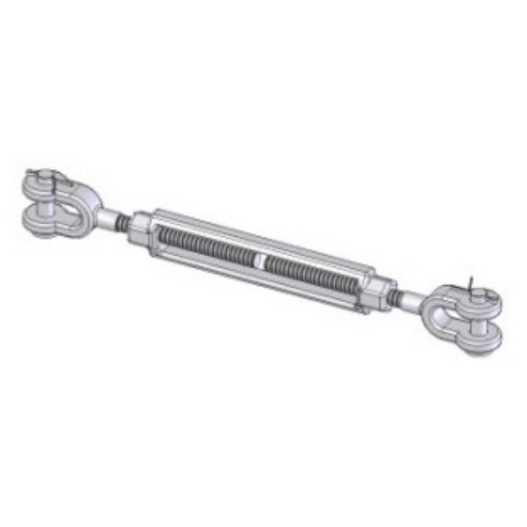 TB-500 1/2x6in turnbuckle angled side view showing open center body with threaded rods and jaw-style clevis ends with pins at both sides, Adaptive Technologies