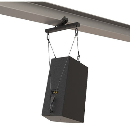 TCK-022-S 22in wire rope tilt cable kit in use, black loudspeaker cabinet suspended and angled from an overhead I-beam clamp by two cables, Adaptive Technologies