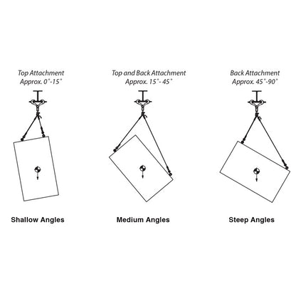 TCK-022-S wire rope kit tilt angle diagram showing shallow top attachment, medium top and back attachment, and steep back attachment angles, Adaptive Technologies