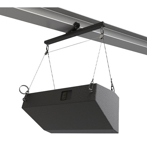 TCK2-022-S wire rope kit in use, black wedge loudspeaker suspended from an overhead beam by galvanized cables with a cross bar and four corner attachment points, Adaptive Technologies