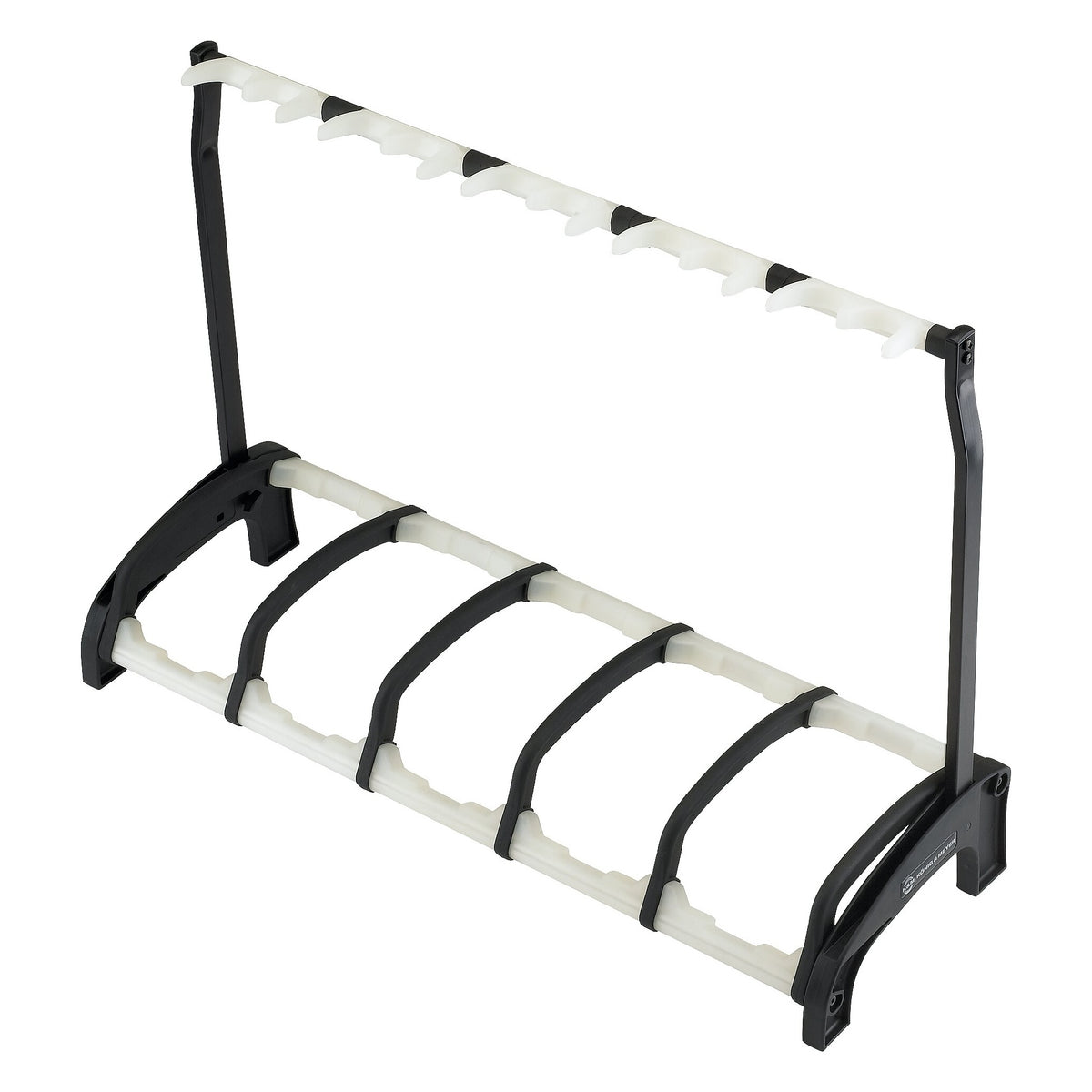 17515 five-guitar floor stand full three-quarter view with black frame, white padded neck rail and five curved cradle arms, K&M