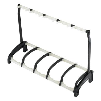 17515 five-guitar floor stand full three-quarter view with black frame, white padded neck rail and five curved cradle arms, K&M