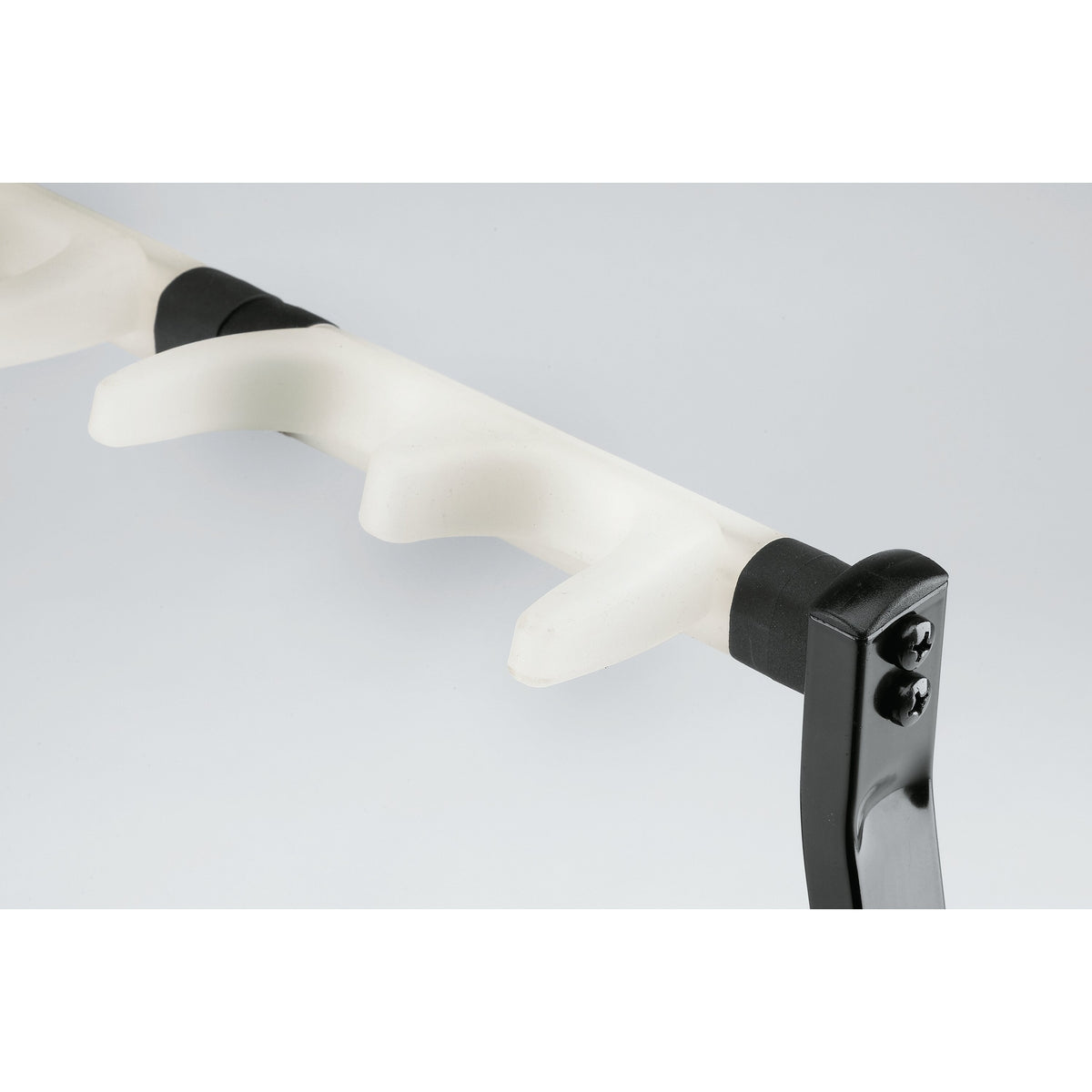 17515 guitar stand upper neck rail close-up showing white rubber neck rests, black rubber bands and screwed black upright, K&M