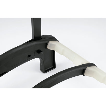 17515 guitar stand base close-up showing black molded foot, upright socket, locking knob and white padded cradle tube, K&M