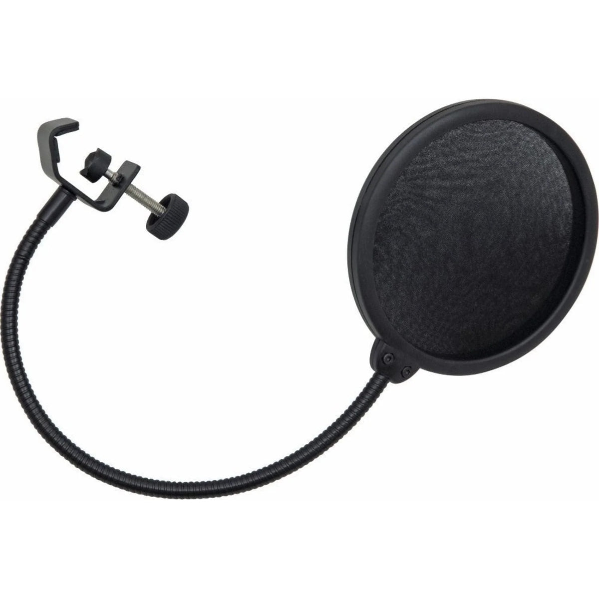 KM 30700.000.55 popkill filter full view showing black nylon mesh screen, flexible gooseneck arm and thumbscrew mic stand clamp, K&M