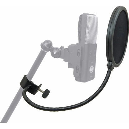 KM 30700.000.55 pop filter shown in use clamped to a mic stand in front of a ghosted condenser microphone, K&M