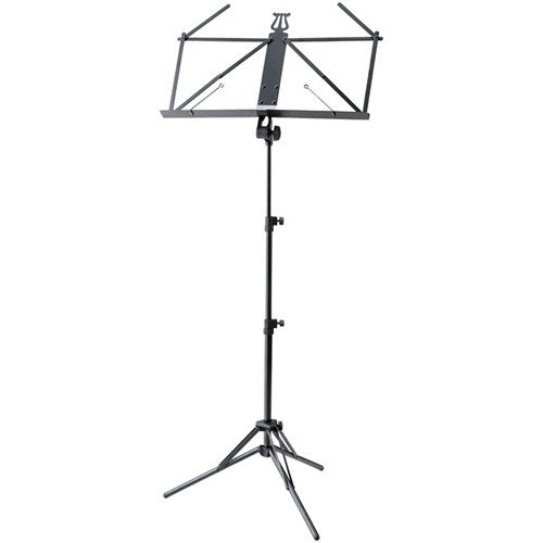 KM 37855 folding music stand full view showing lyre-crest desk, two-section height adjustment clamps and folding tripod base, K&M