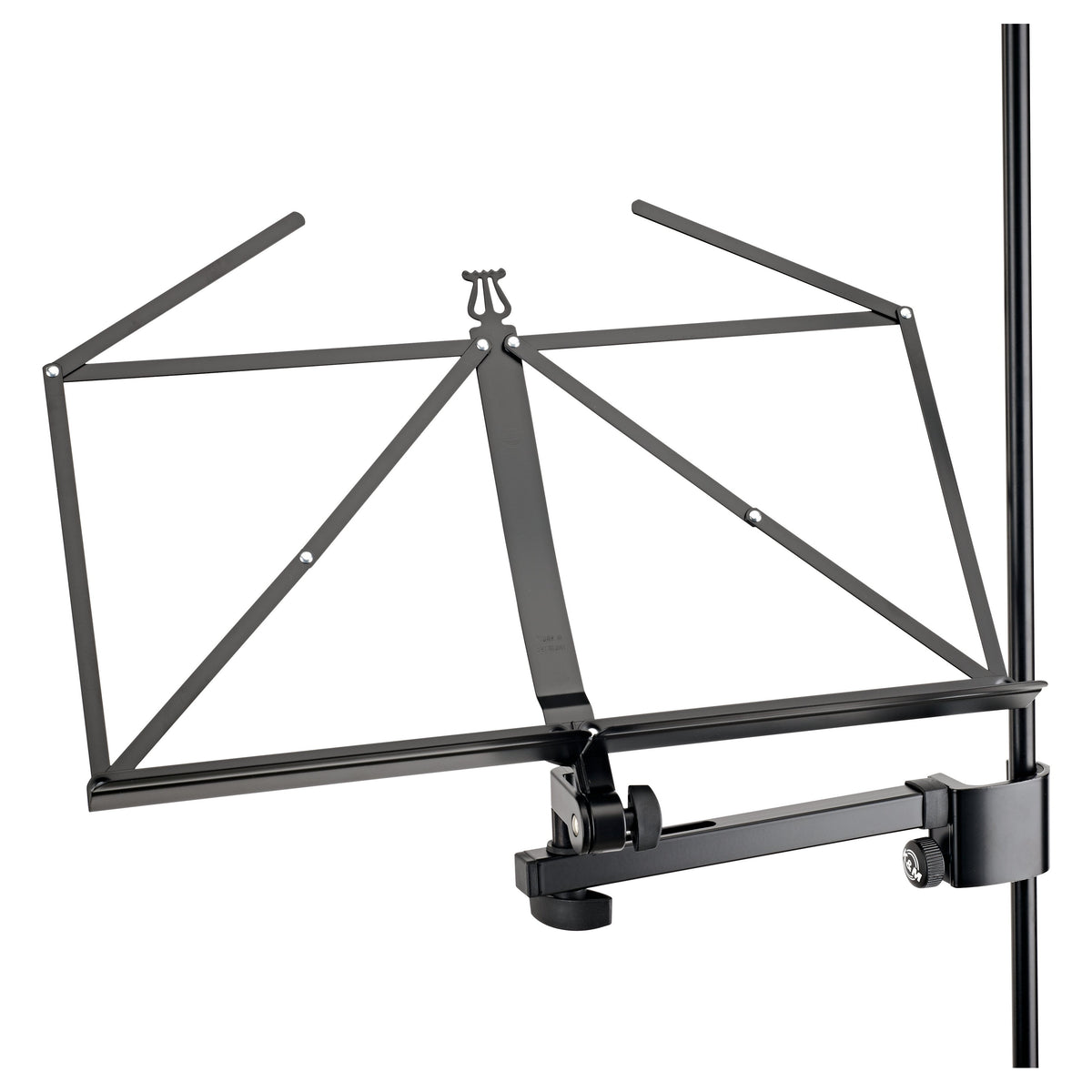 11505 foldable sheet music holder front view mounted on a vertical stand pole with the steel extension arm and clamp, black open wire desk with lyre-shaped top, K&M