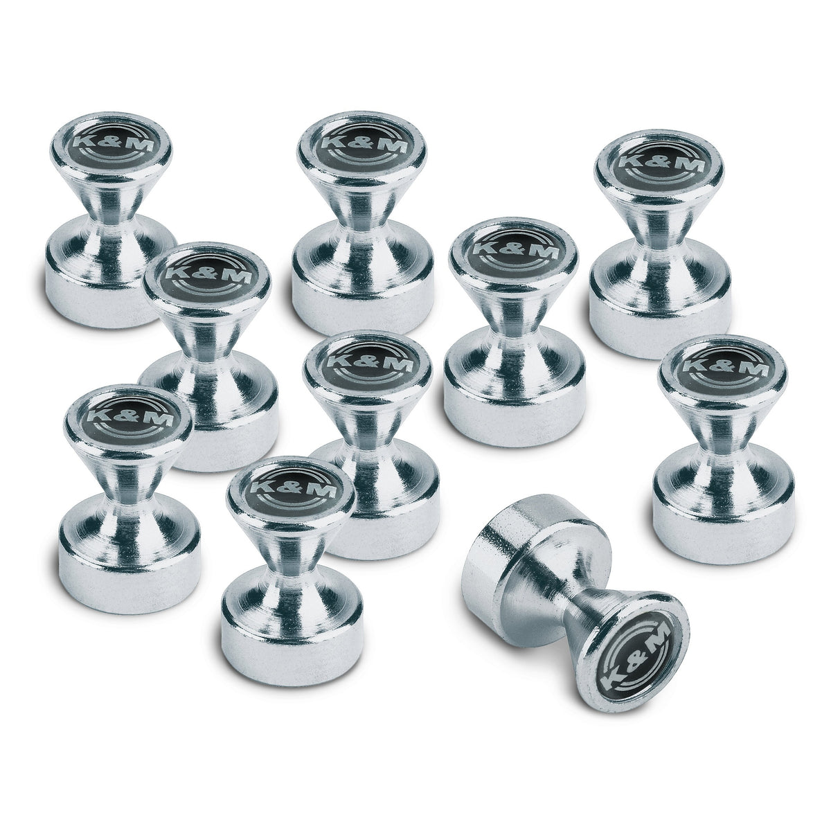 11581 zinc-plated power magnets group shot of all ten pieces with steel casing and black K&M logo caps on a white background, K&M