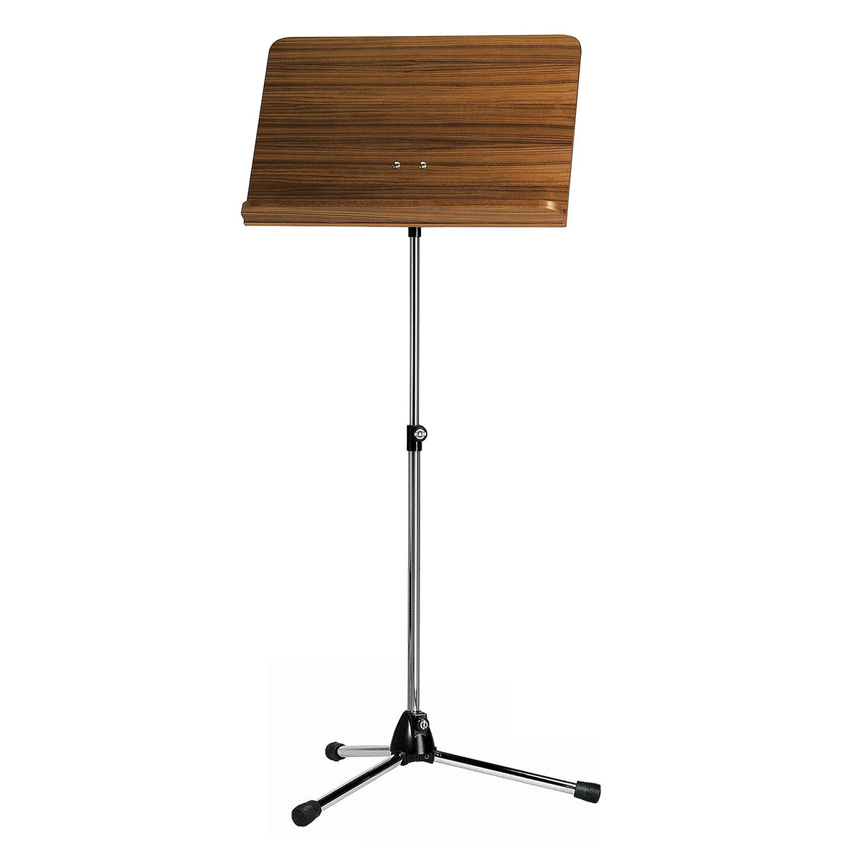 118/1 Orchestra music stand full front view with walnut wood desk on chrome tripod base and height-adjustment clamp, K&M