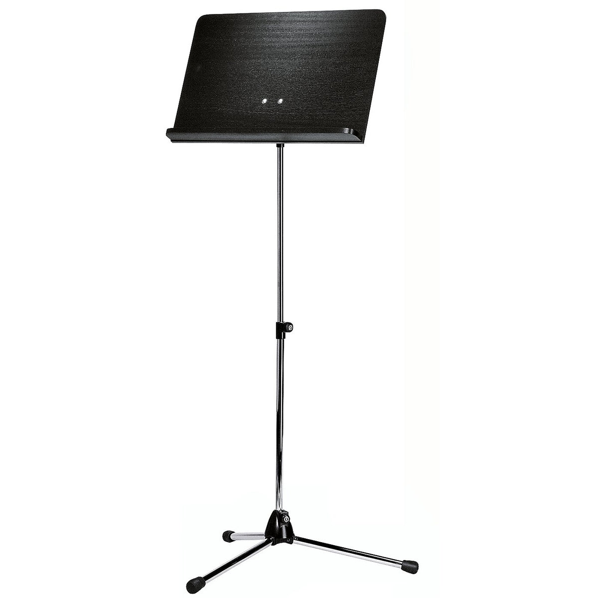 118/1 Orchestra music stand full front view with black wooden desk, chrome telescopic shaft and tripod base with rubber feet, K&M